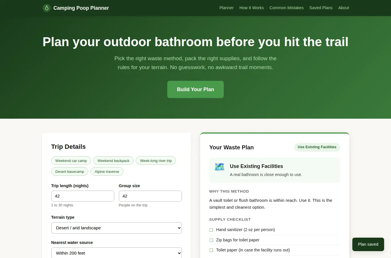 Screenshot of Camping Poop Planner interface showing the project page in use
